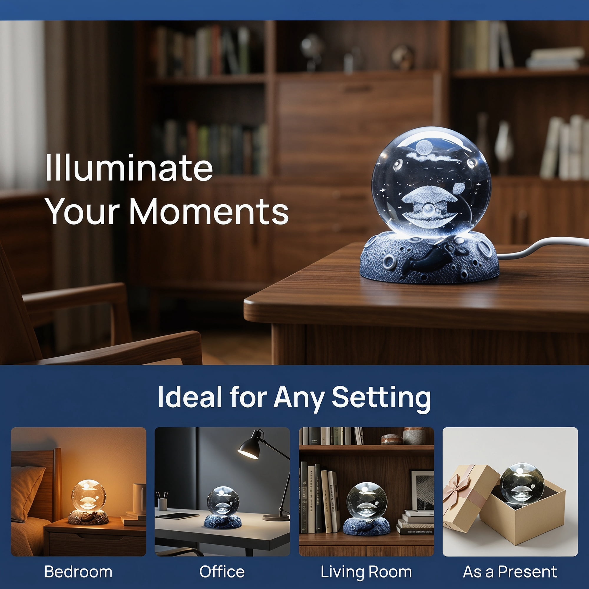 Unique Bargains Glowing Crystal Ball Figurine 3D Glass Ornament with LED Light Base Beige Style G 2.4"x2.4"x3.1"