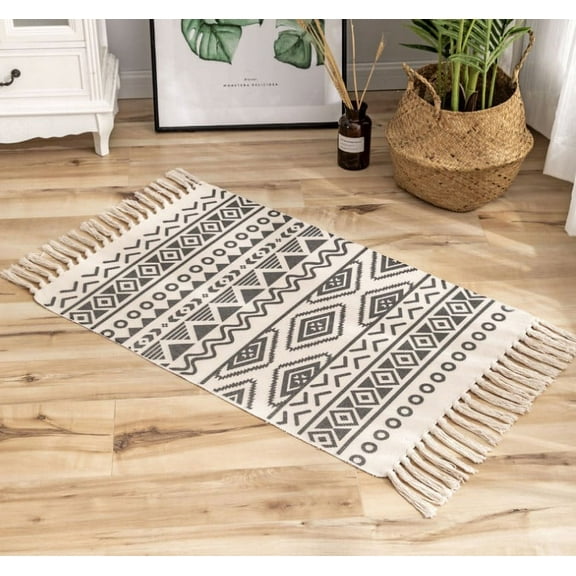 Nvzi Boho Bath Rug Bohemian Area Kitchen Runner Rug with Tassels Cotton Washable Carpet Mat Decoration of Bedroom Bathroom Entryway Hallway Indoor Home 23*35inch(08)
