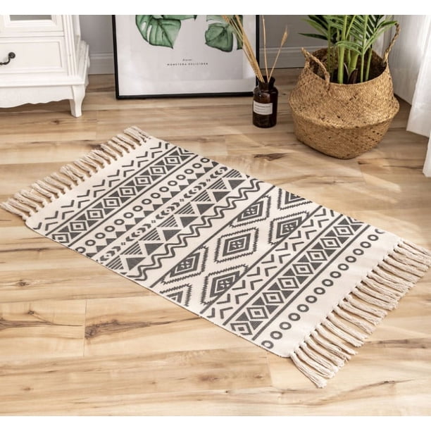 Xiao Hua Alfombra de baño bohemia, estilo bohemio, para cocina, con borlas, de algodón, lavable, para decoración de dormitorio, baño, entrada, pasillo, interior, hogar, 58 x 89 cm (08)