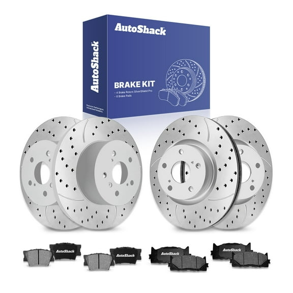 AutoShack Front Vented & Rear Solid Drilled & Slotted Silver Zinc Coated Brake Rotors   Ceramic Pads 12-PC Brake Kit Replacement for 2007-2011 Toyota Camry 2007-2012 Lexus ES350 SilverShield Pro