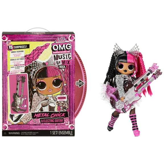 LOL Surprise Omg Remix Rock Metal Chick Fashion Doll with 15 Surprises Including Electric Guitar, Outfit, Shoes, Hair Brush, Doll Stand, Lyric Magazine, And Record Player Package - for Girls Ages 4