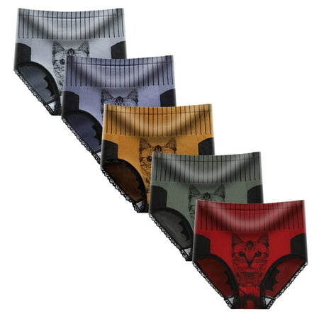

5PCs Women Ladies Underpant Cat Head Printed High Waist Lace Panties Underwear Sesxy Short Fashion Underpant
