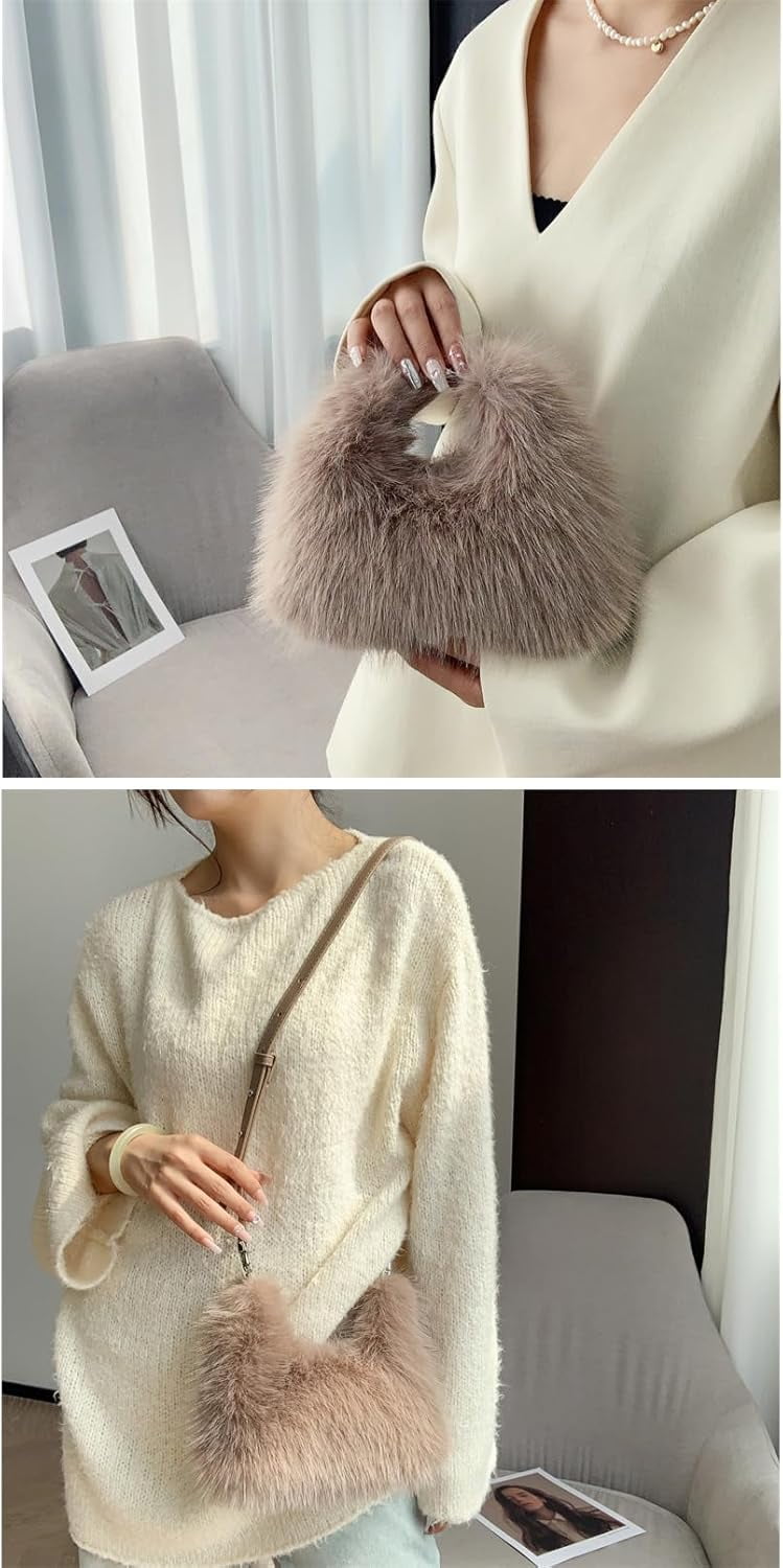 Women Small Faux Fox Fur Clutch Bag Mini Furry Evening bag Plush Shoulder Bag Crossbody Bag Hobo Bag Handbag