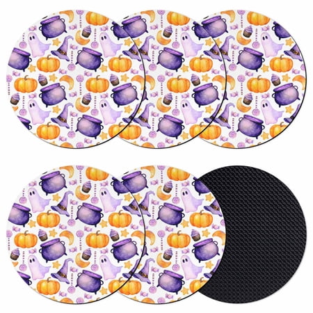 Halloween Coasters Set of 6 Absorbent Coasters for Drinks Purple Magic Hat Stars Pumpkin Candy Ghost Coaster for Desk Coffee Table Protection Home Decor House Warming Gifts 4