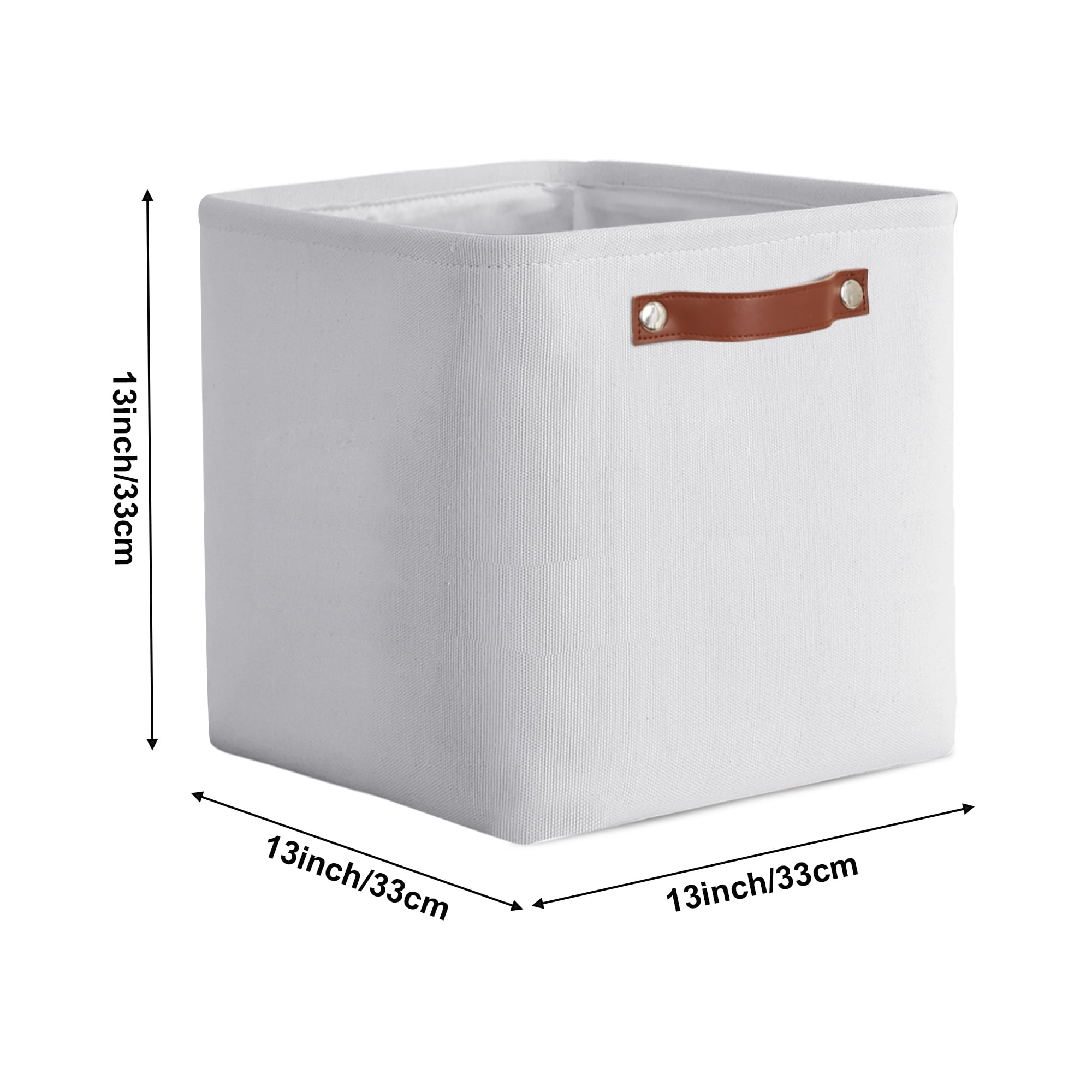 Tegance 13x13 Storage Cubes Baskets 4 Pack Fabric Cube Storage Bins Large Storage Baskets with Leather Handles,Decorative Storage Boxes for Organizing Shelves(White)