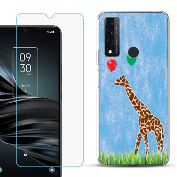 Slim-Fit Fashion Phone Case for TCL 20 XE, with Tempered Glass Screen Protector, by OneToughShield ® - Giraffe/Balloon