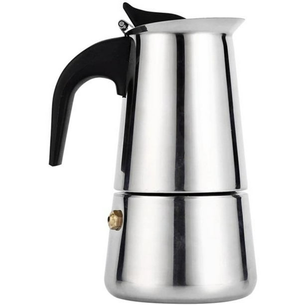 Cafetera italiana de acero inoxidable: para fogones, asa fría de baquelita, acabado plateado, para un espresso o capuchino intenso, fácil de limpiar