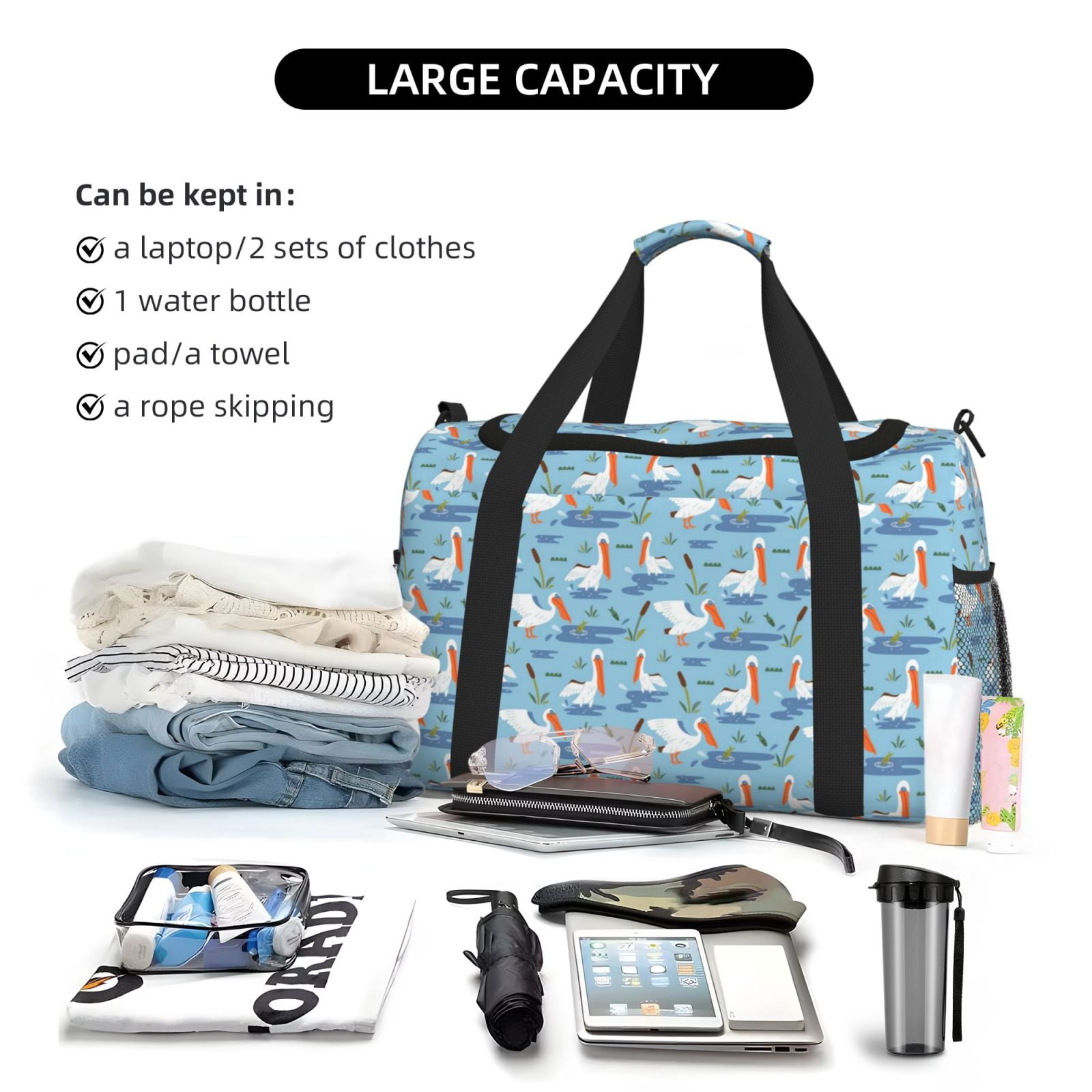 Fuzoiu Pelican Reed And Fish Print Travel Duffle Bag,Carry On Tote Bags,Duffel Bag,Sport Gym Bag, Hospital Bag for Labor and Delivery, Overnight Bag,Luggage Bag
