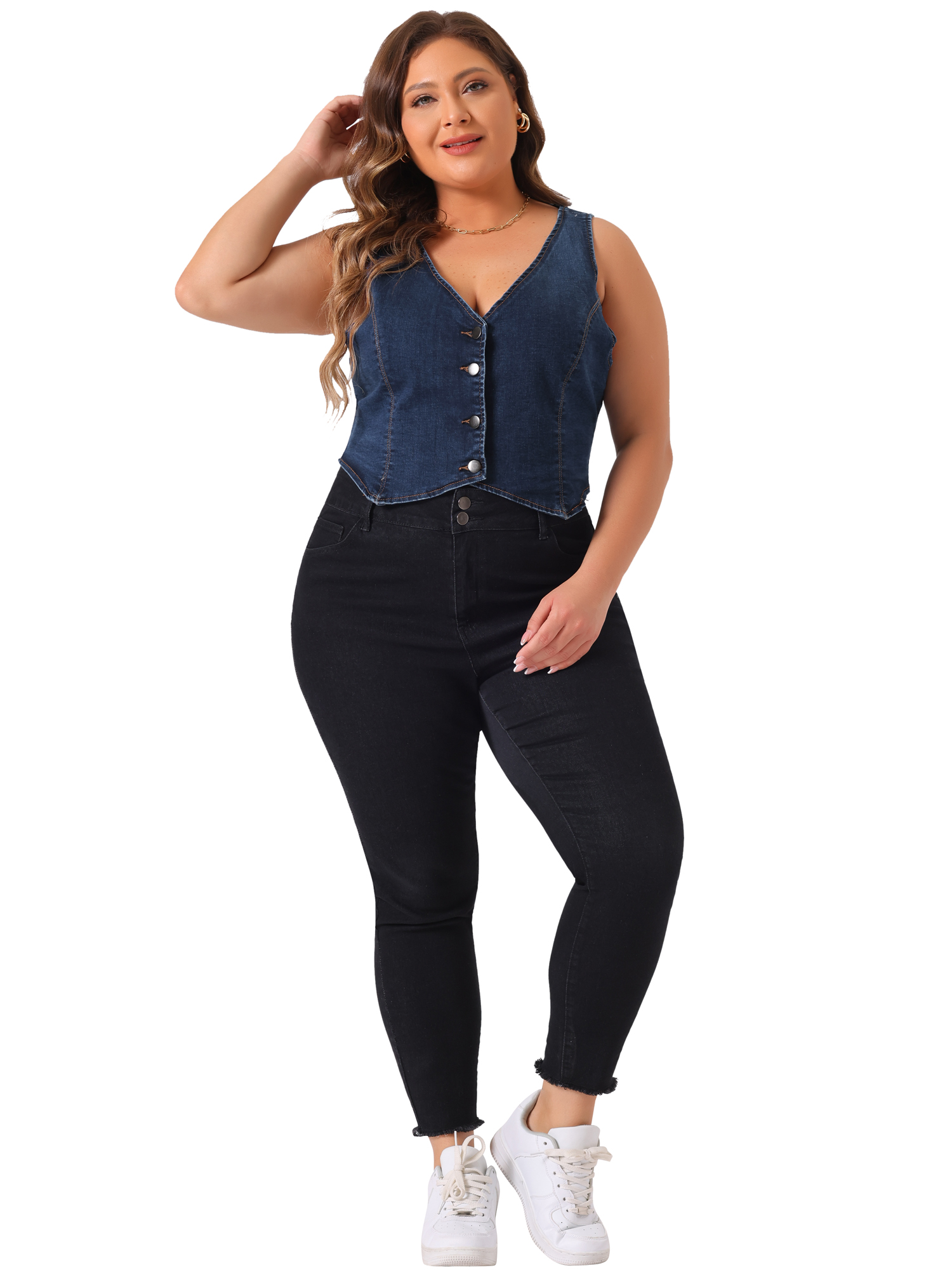 DARING DIVA Women's Plus Size Sleeveless V Neck Button Down Casual Denim Vest 1X Dark Blue