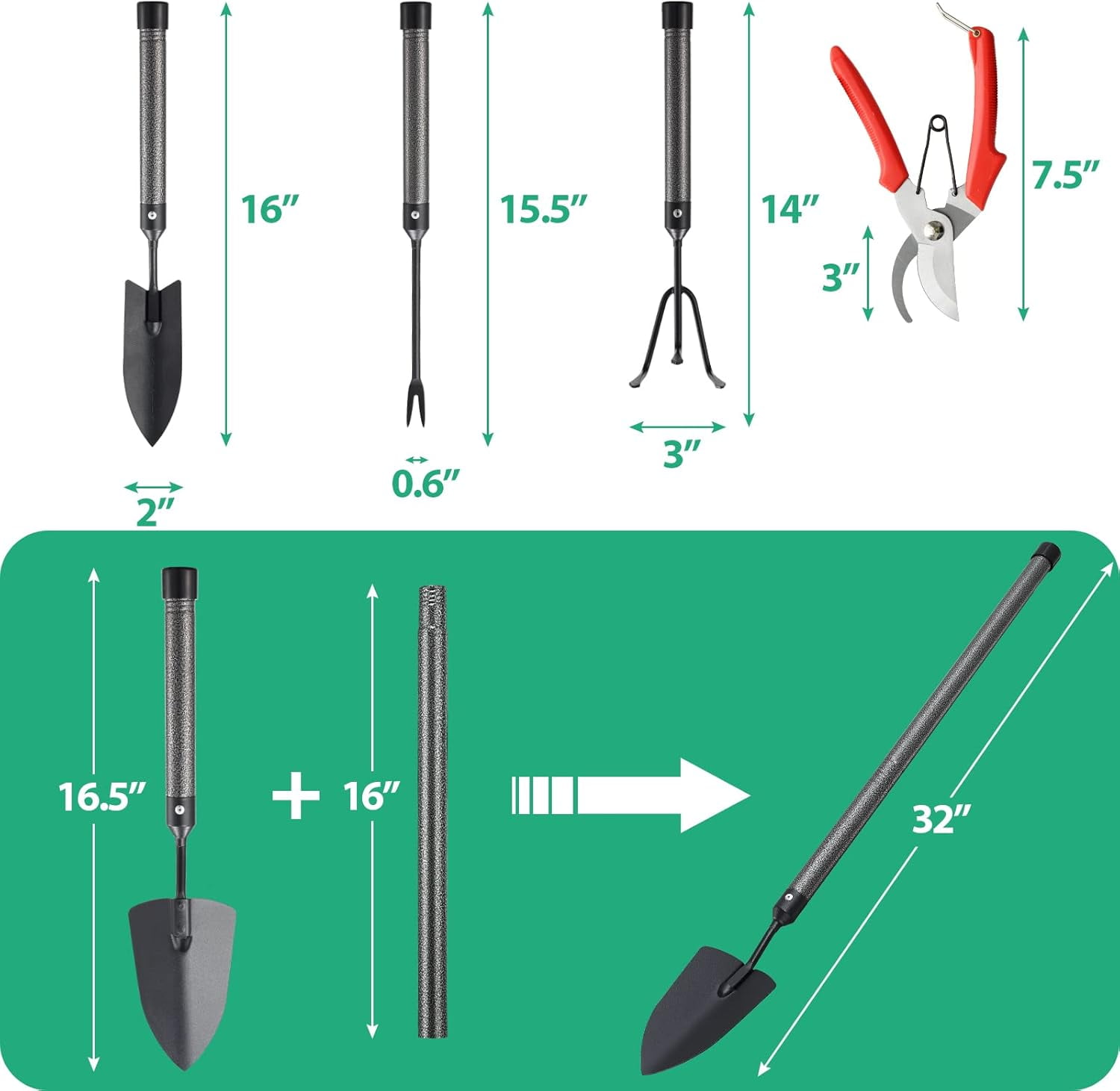 Garden Tool t, 5-Piece Heavy Duty Gardening Tools Kit with Extendable Handle, Metal Trowel, Cultivator, Weeder, Pruner, Back-Saving Grips for Yard Raid Bed, Rust-Proof, Gift Women, Men, Kids