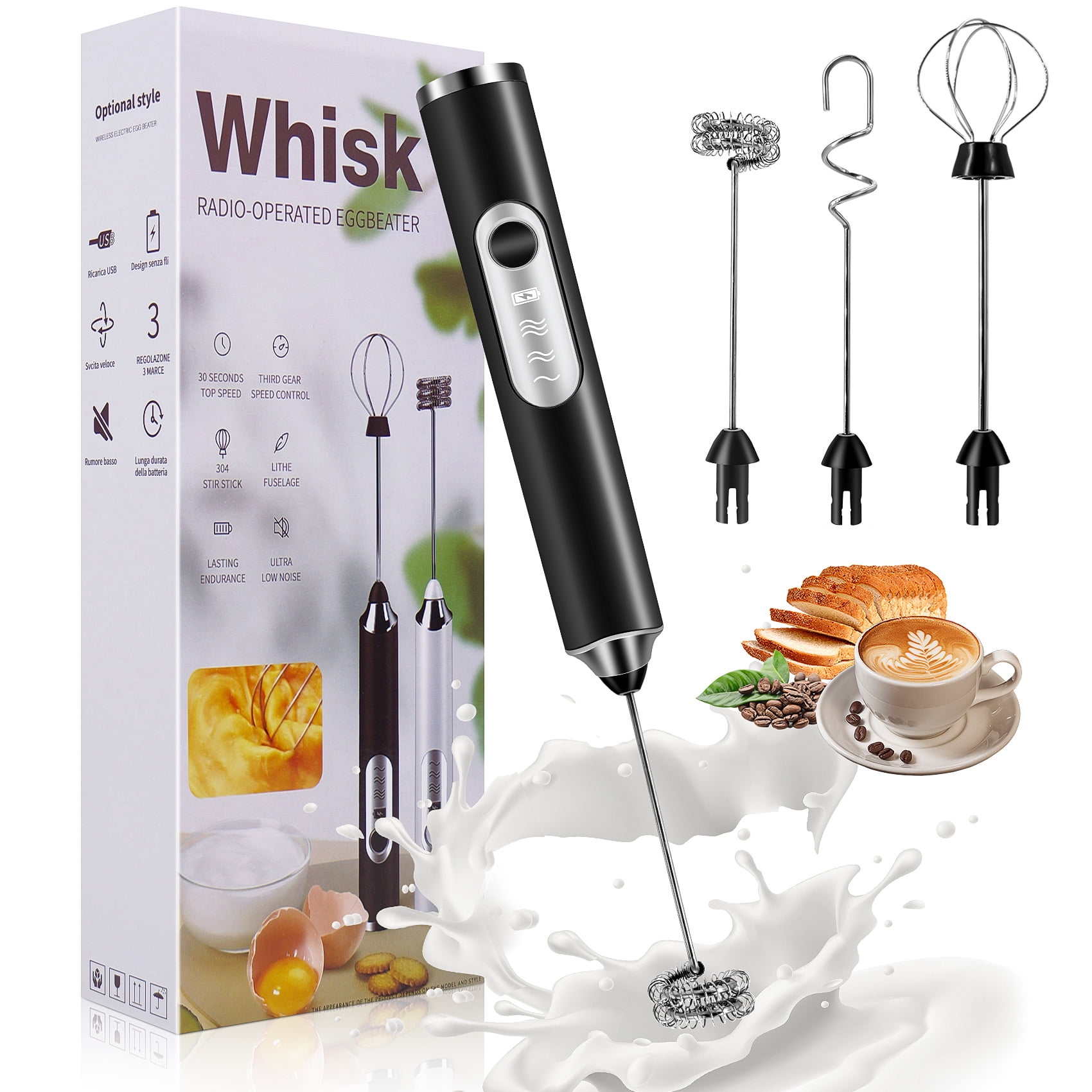 YOLETO Handheld Milk Frother - USB Rechargeable 3-Head Foam Blender & Egg Beater - 3-Speed Foam Maker for Coffee, Hot Chocolate, Eggs & Jam