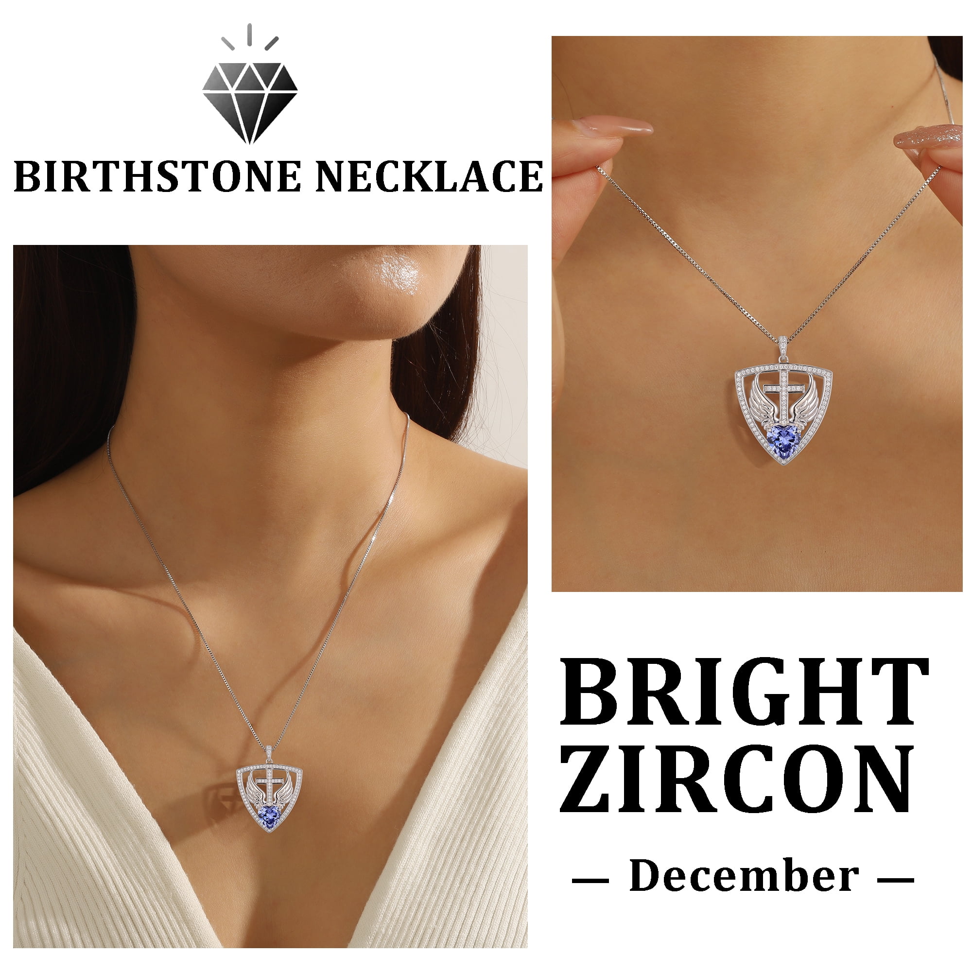 Beautlace 925 Sterling Silver Cross Shield Necklace with Wings and Heart December Tanzanite Birthstone Pendant Necklace Faith and Guardian Jewelry Birthday Christmas Valentines Gifts for Women Mom