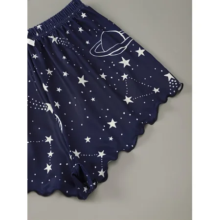 

Plus Size Letter Print Lettuce Trim Sleepwear Set Women‘s Plus Cute Medium Stretch Loungewear Set