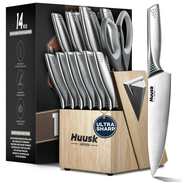 Huusk Knife Set with Block and Sharpener, 14 Pcs Japanese Stainless Steel Kitchen Knife Sets Dishwasher Safe, Sharp Silver Professional Knives Set with Box for