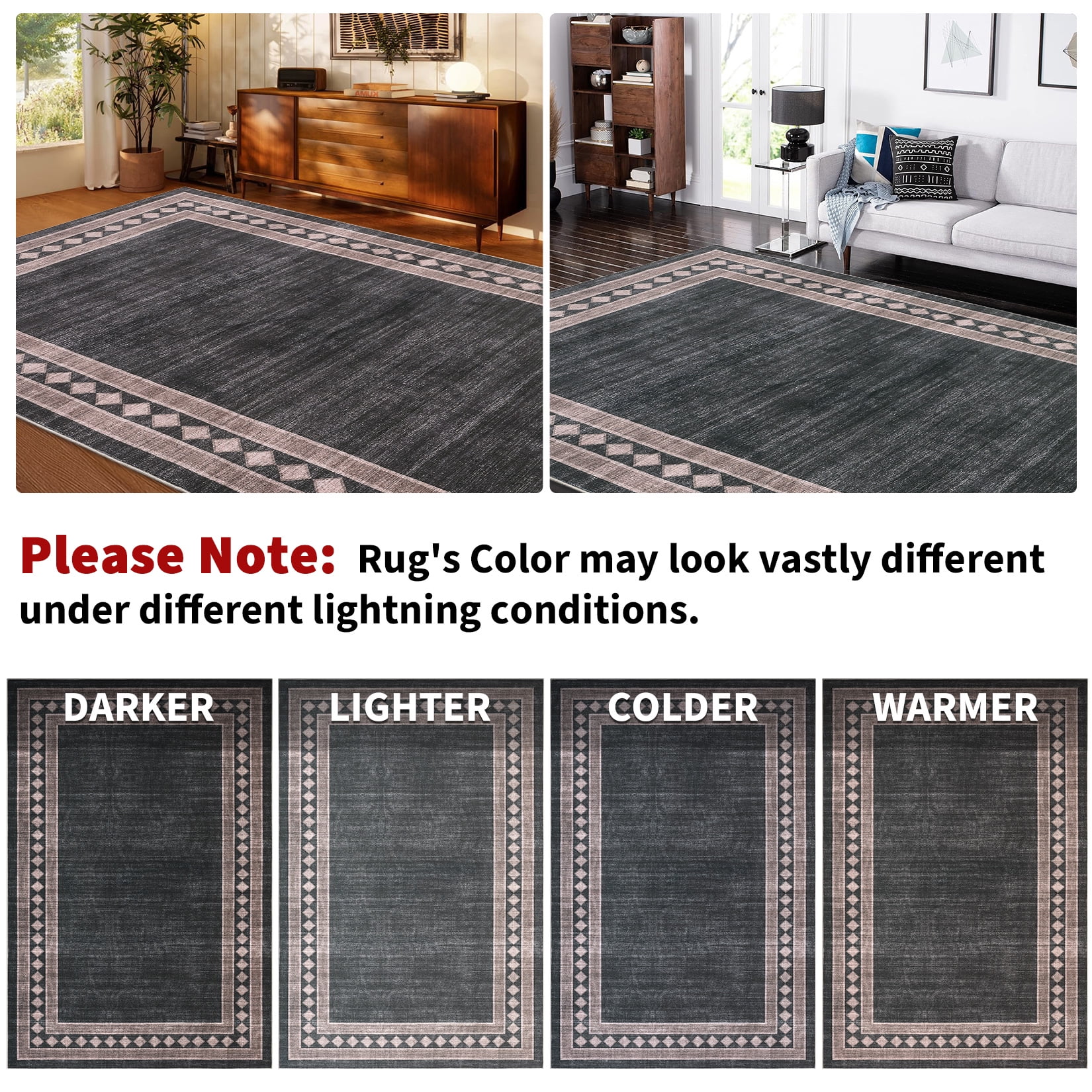 Garvee 2'x6' Modern Runner Rug Solid Bordered Rugs, Washable Geometric Neutral Accent Carpet with Non-Slip Backing, Low Pile Stain-Resistant Rug for Entryway Laundry Bathroom Bedside, Black Brown