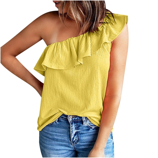 ohmzyzo Womens One Shoulder Tops Ruffled Solid Color Tunic Shirts Summer Sleeveless Loose Tank Top
