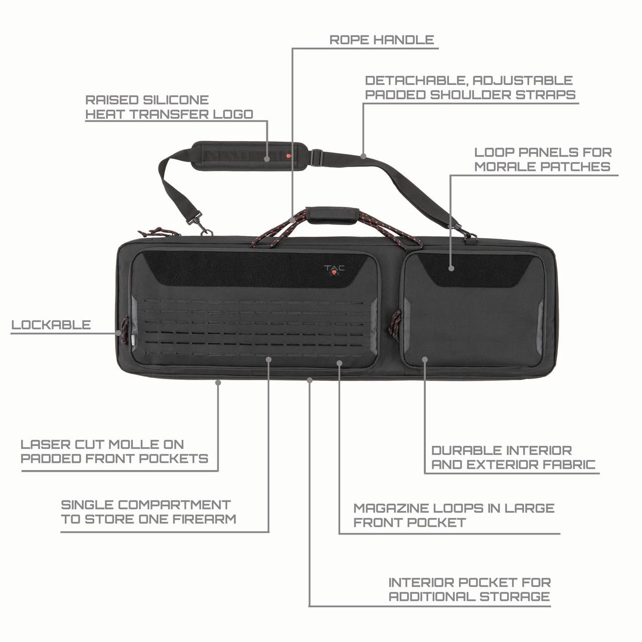 Tac-Six™ 42" Lockable Squad Gun Case, Laser Cut Molle Front, Black