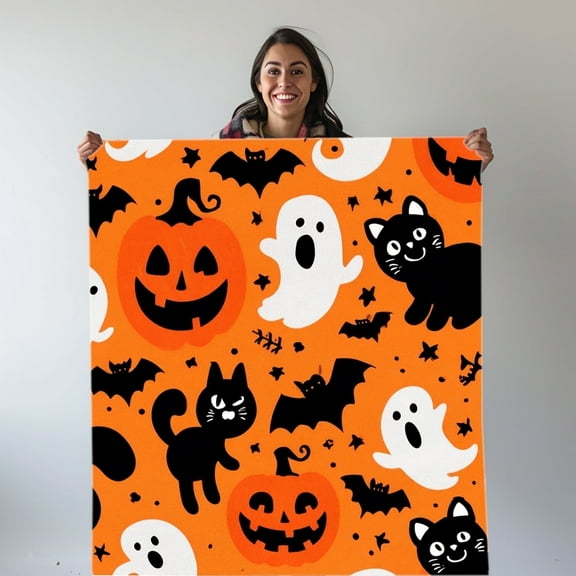 Halloween 300GMS Flannel Blanket, Orange with Pumpkins Ghosts Bats Cats Pattern, Soft Cozy Throw for Couch Naps Outdoor Use, Great Gift for Family, All Seasons Lightweight Decorative Blanket