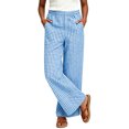 thumbnail image 3 of Women's Cotton Blend Plaid Wide Leg Pants with Pockets, Mid Rise Elastic Waist, Pockets Trousers, Casual Business Lounge Outdoor Wear, Womens Trousers | VerBelle,Blue M, 3 of 8