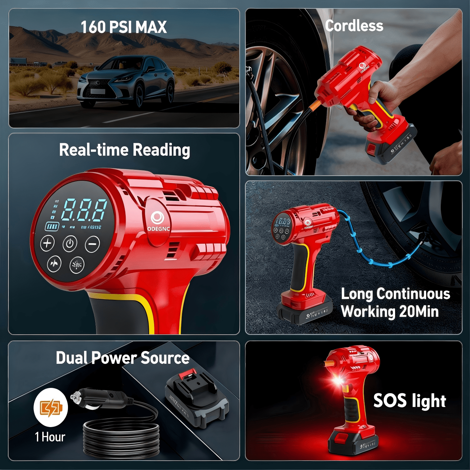 ODEGNC 10000mAh 21V 160PSI Cordless Tire Inflator Dual-Power For Car Bike Ball Portable Air Compressor LED Light