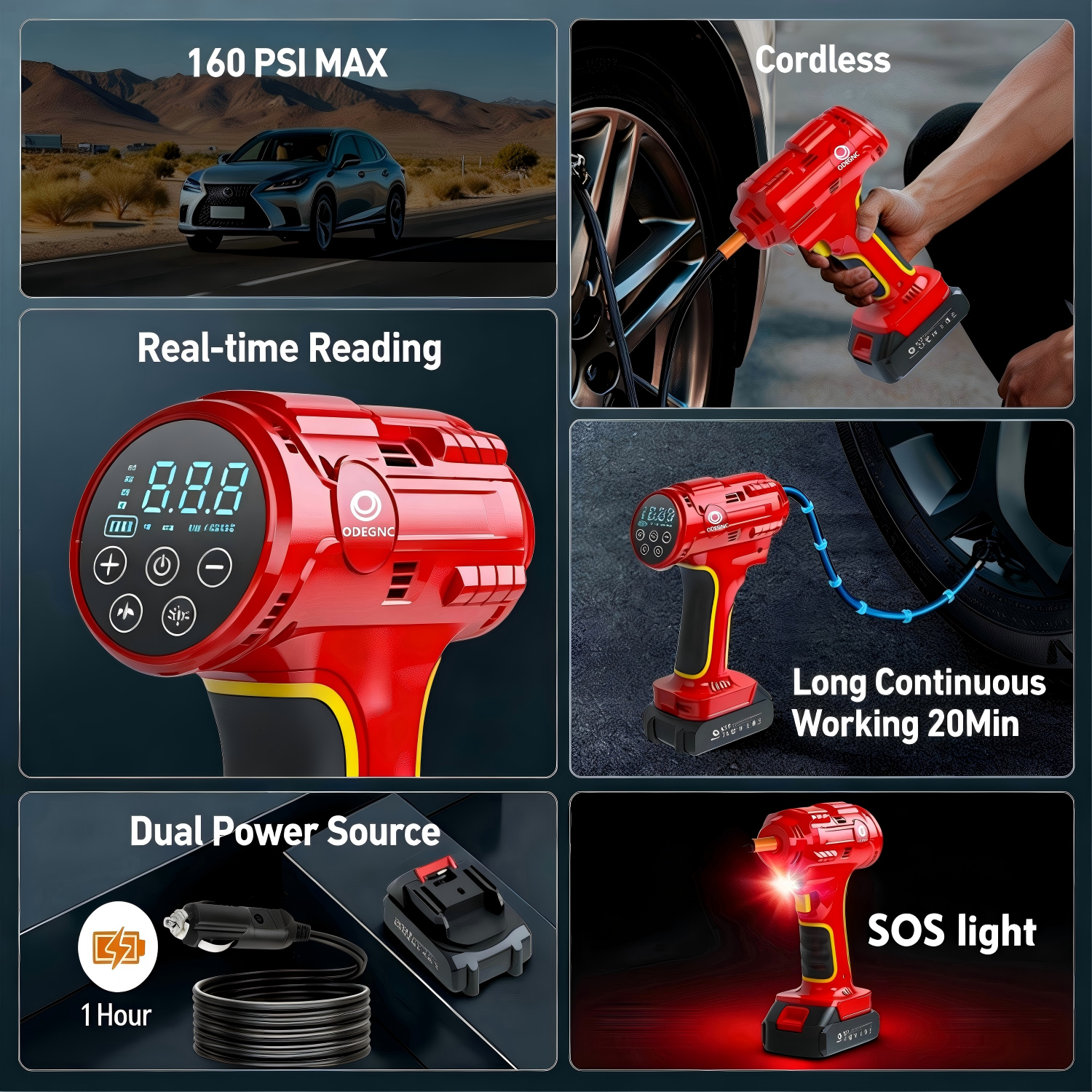 Odegnc 160PSI Cordless Tire Inflator Dual-Power photo 5