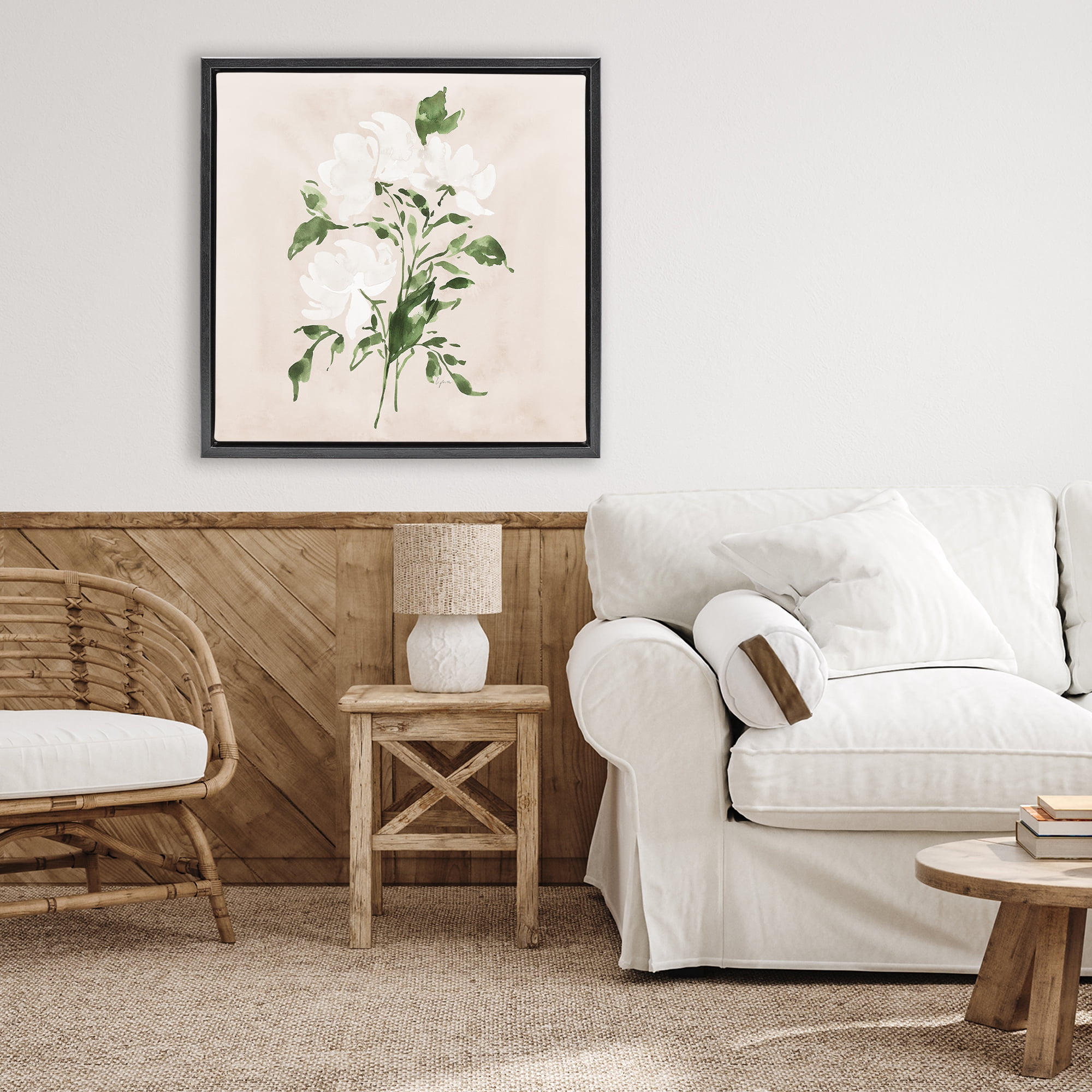 Stupell Industries White On Tan Blossom Black Framed Floater Canvas Wall Art, design by Lucille Price