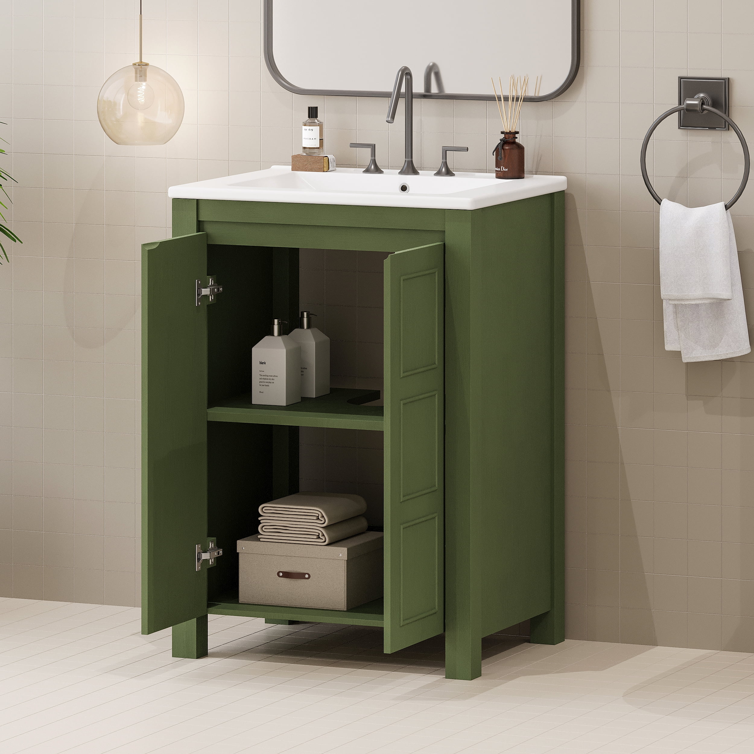Euroco Bathroom Vanity with Ceramic Sink, Soft-Close Doors, and Adjustable Storage Shelf, Vintage Wood Cabinet for Small Bathrooms