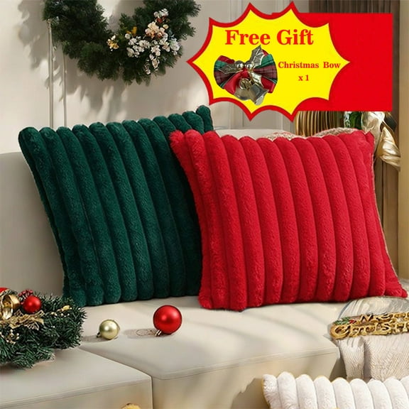 Antqov Christmas Pillow Covers 18x18" Christmas Decorations Soft Boho Striped Corduroy Pillow Cover, Red Green Square Christmas Throw Pillows for Sofa Couch Cushion Holiday Decor