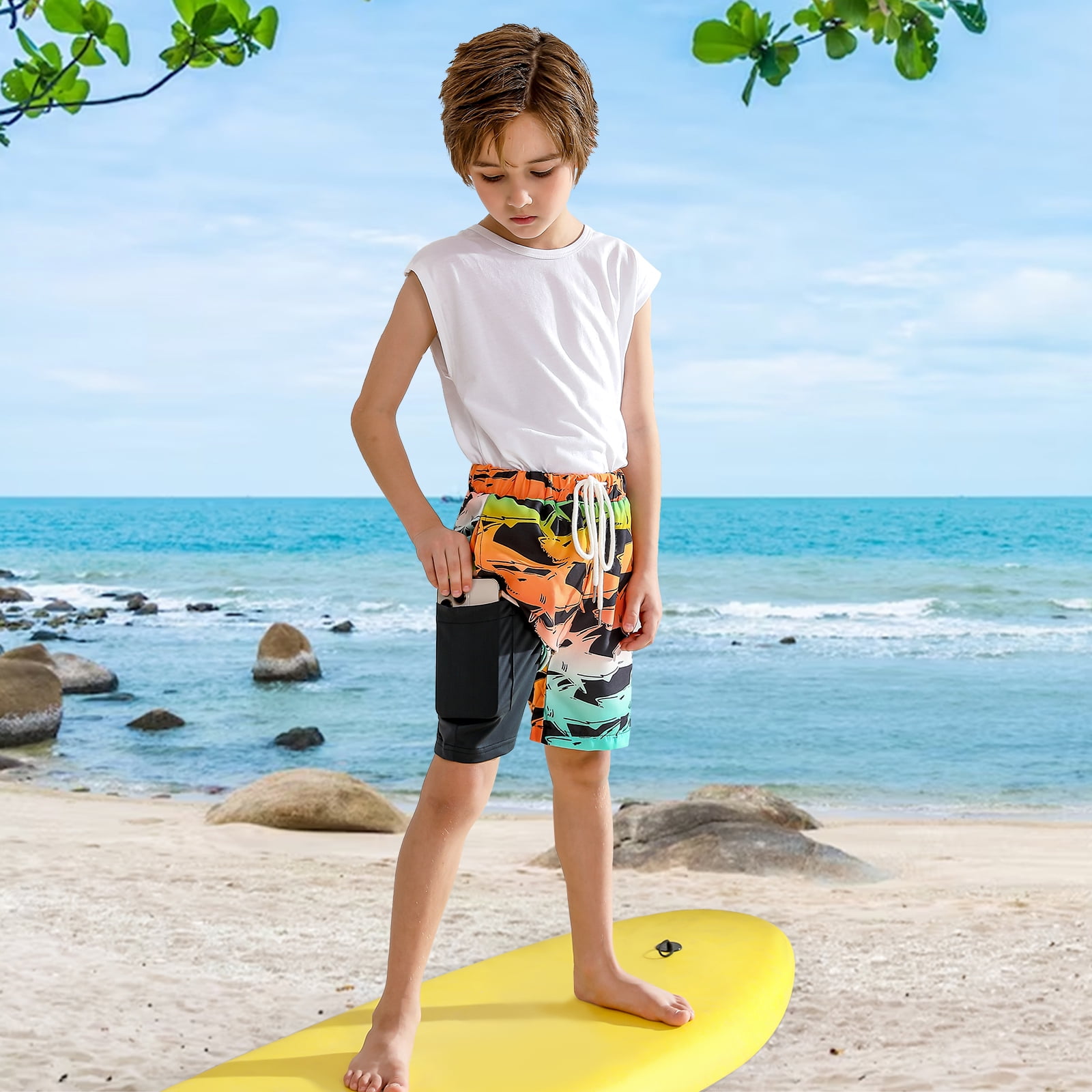 URMAGIC Boys Swim Trunks with Boxer Brief Liner Compression Anti Chafe Swimming Shorts Stretchy UPF Quick Dry Swimsuit 5 16 Years