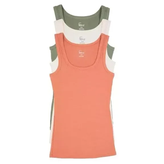 Felina Women's 3 Pack Ribbed Tank Tops (Cream, Mauve, Green, L]
