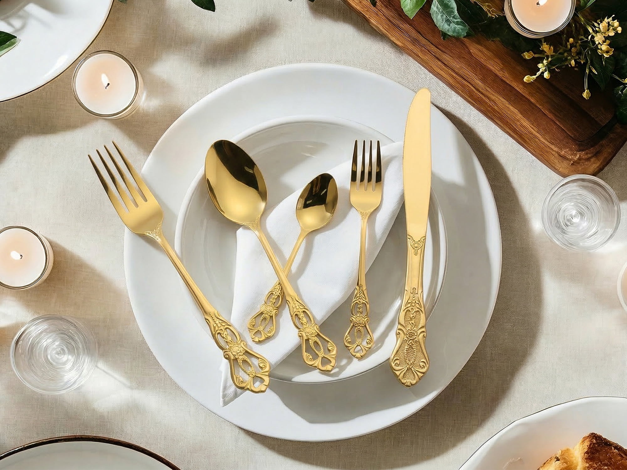 Unique Bargains 30 Piece Silverware Stainless Steel Flatware Set with Openwork Gold