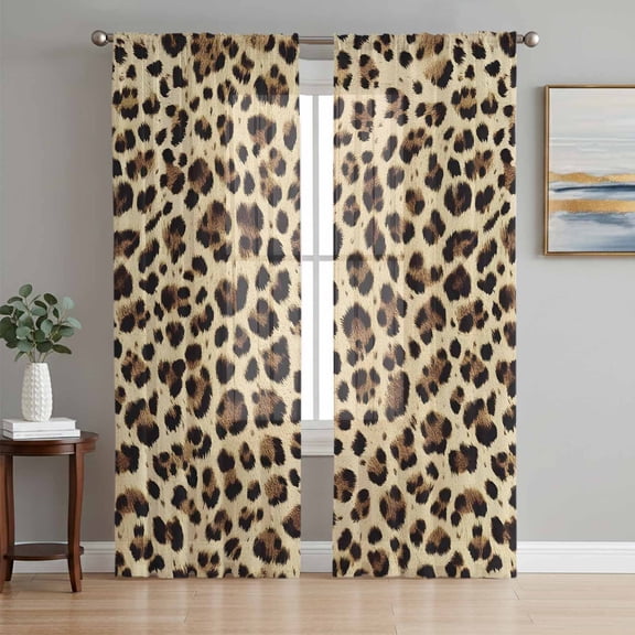 Leopard Printed Sheer Curtains 96 Inch Length 2 Panels Set, Modern Animal Fur Patterns Voile Window Treatment Semi Sheer Long Curtains Drapes for Bedroom/Living Room/Kitchen 52"x96"x2