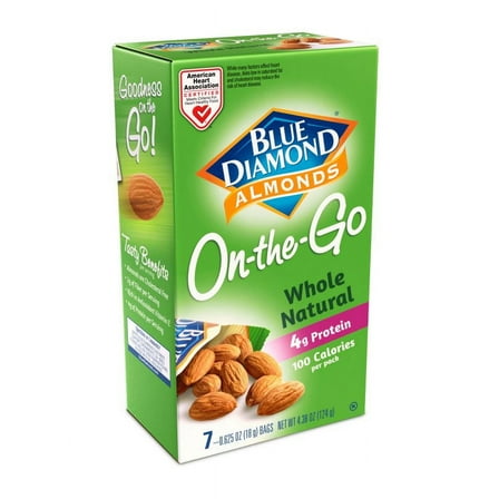 Blue Diamond Almonds Natural Whole Almonds, 0.625 oz, 7 Count, Snack Bag, Cardboard Box