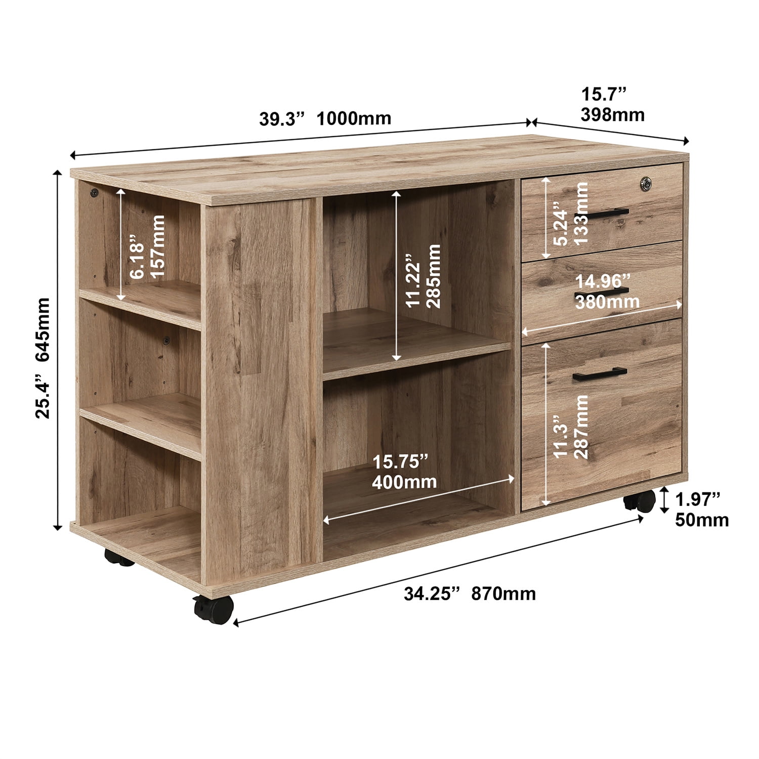 3-Drawer Oak Wood 39.37 in. W Lateral File Cabinet