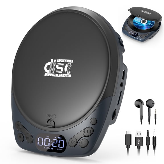 Greadio Portable CD Player with Headphones, Rechargeable Discman CD Player for Car & Home, Supports CD/MP3/WMA/TF Card/AUX, Backlit/Lock/Programmable/Timer