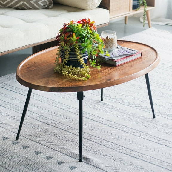 Gzxs Oval Coffee Table, Mid Century Wood Tray Top Center Table w/ Iron Legs for Living Room Bedroom, 39"L x 26"W x 16"H, Brown and Black