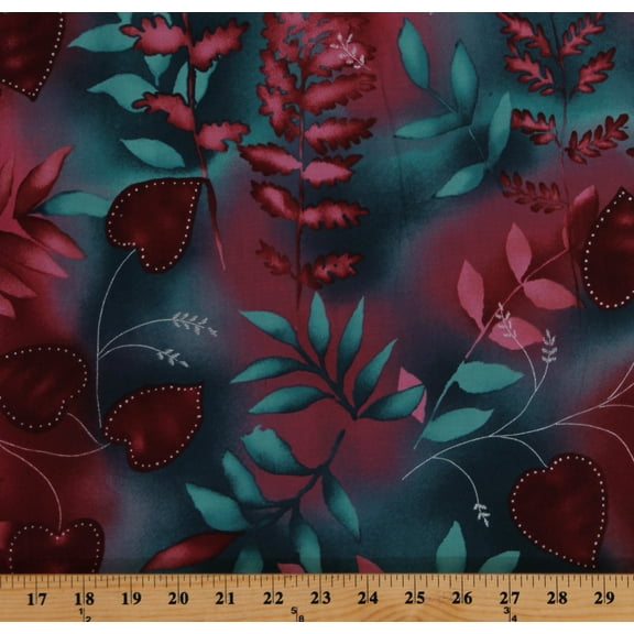 Cotton Large Scale Floral Hearts Leaves Magenta Turquoise with Silver Metallic Shimmer Valentines 58" Wide Cotton Fabric Print by the Yard (7564J-9C)