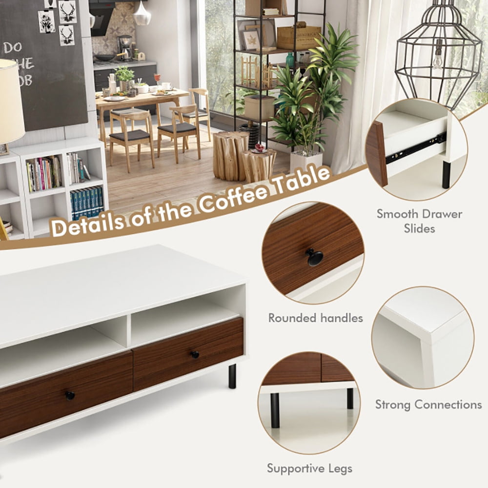 Finihen Coffee Table, Rectangular Coffee Table, 2 Tier 40 Inch Length Modern Rectangle Coffee Table with Storage Shelf and Drawers, for Living Room, Reception Room, Office, White Finihen Coffee Table, Rectangular Coffee Table, 2 Tier 40 Inch Length Modern Rectangle Coffee Table with Storage Shelf and Drawers, for Living Room, Reception Room, Office, White