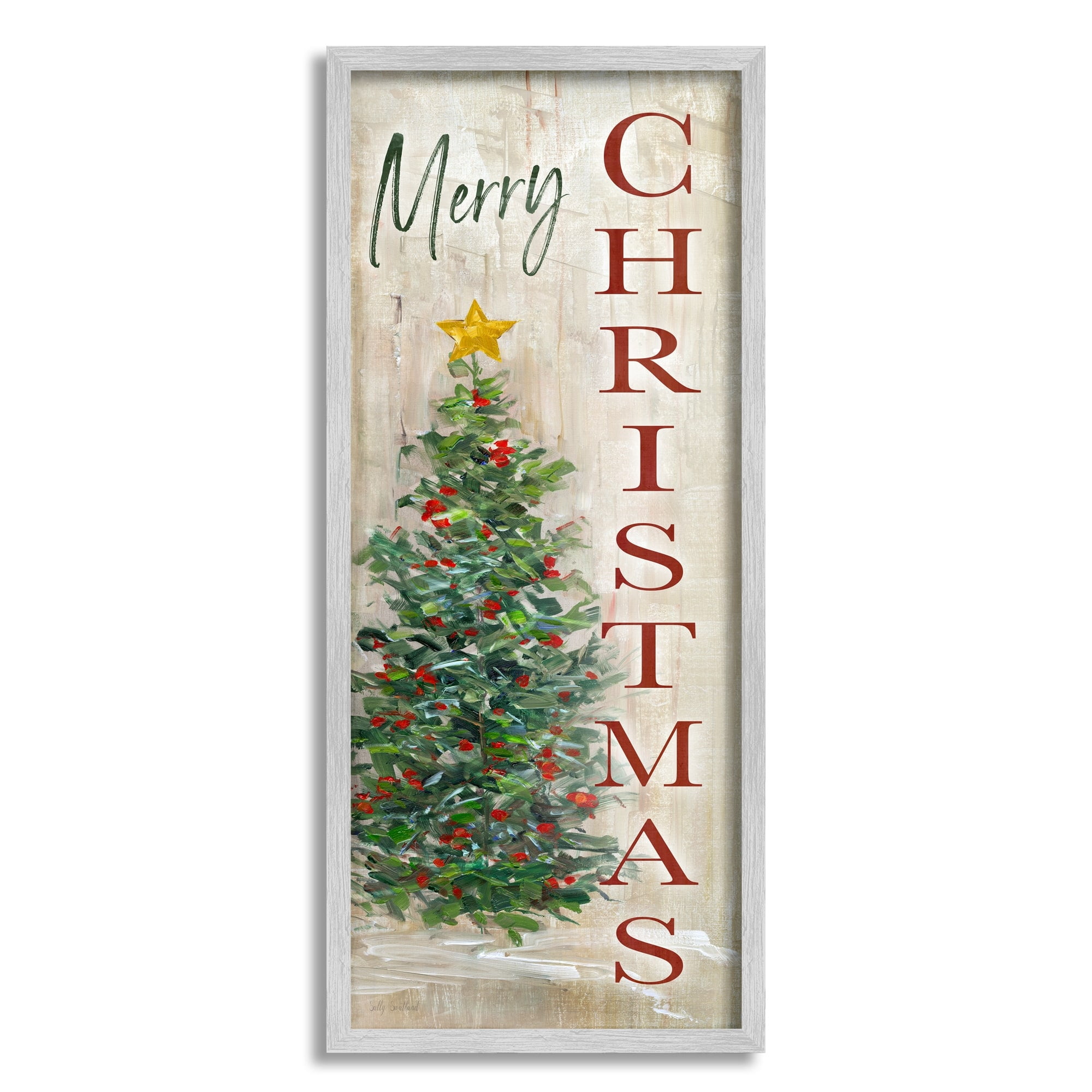 Stupell Industries Merry Christmas Greeting Festive Rustic Holiday Tree, 13 x 30, Design by Sally Swatland