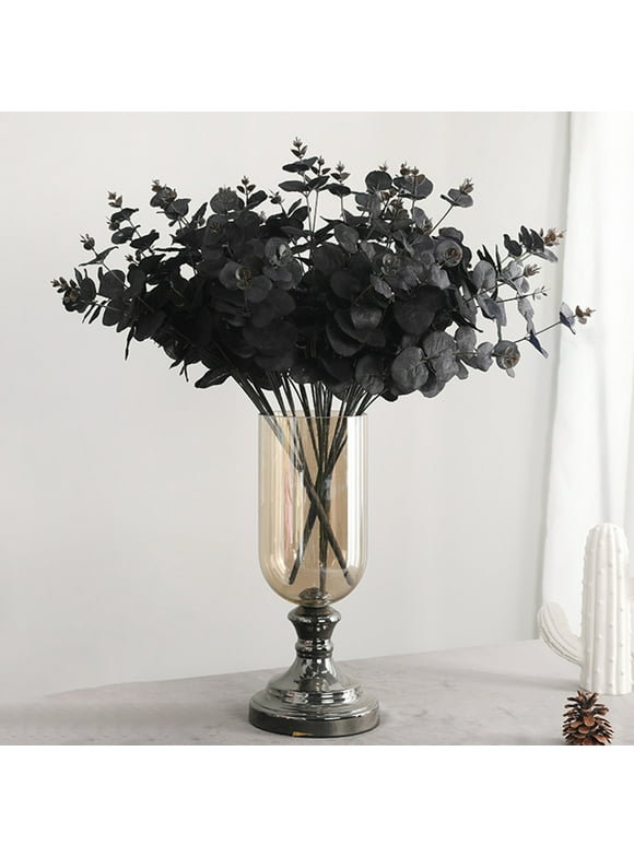 1 Branch Artificial Eucalyptus Leaves, Faux Silk Eucalyptus Stems Bouquet Fake Black Plants with Total 16 Stems Arrangement for Home Party Wedding and Christmas