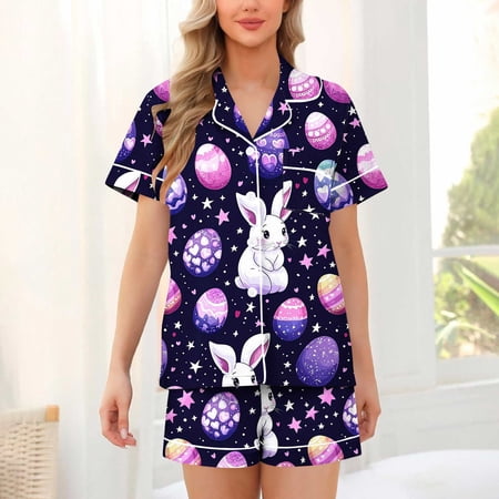 YUNAFFT Easter Print Soft Breathable Pajama Set for Women with Lapel Collar Button Front Short Sleeve Shorts