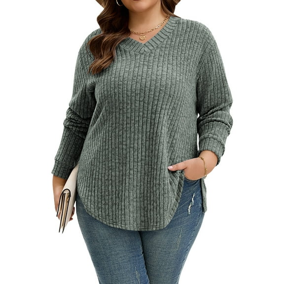 TEMOFON Plus Size Long Sleeve Shirts for Women V Neck Curved Hem Tunic Tops Lightweight Casual Loose Fit Fall Tops 3XL
