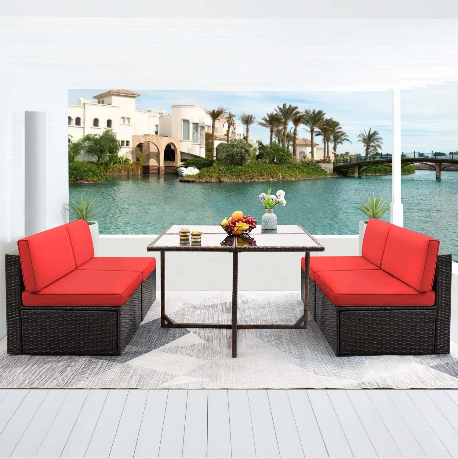 Vineego 5 Pieces Patio Dining Sets Outdoor Conversation Sets Wicker Patio Sectional Sofa with Tempered Glass Table(Red)