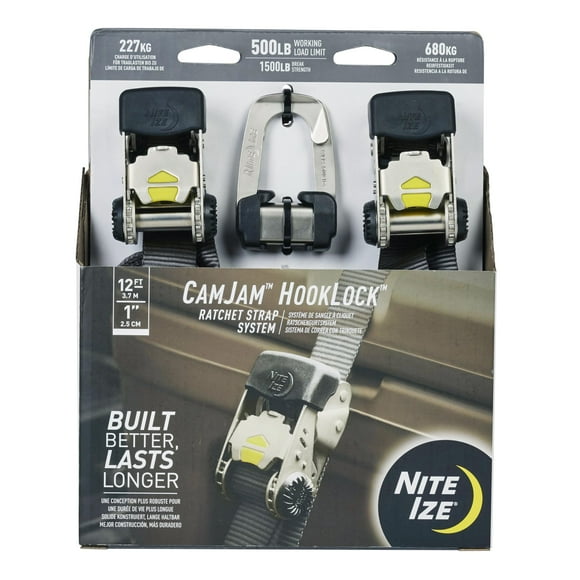 Nite Ize CamJam HookLock Ratchet Strap System - Adjustable, Heavy-Duty Tie Down Straps - Cargo Attachment with Spring-Actuated Hooks - Includes Ratchets, Hooks, Webbing &