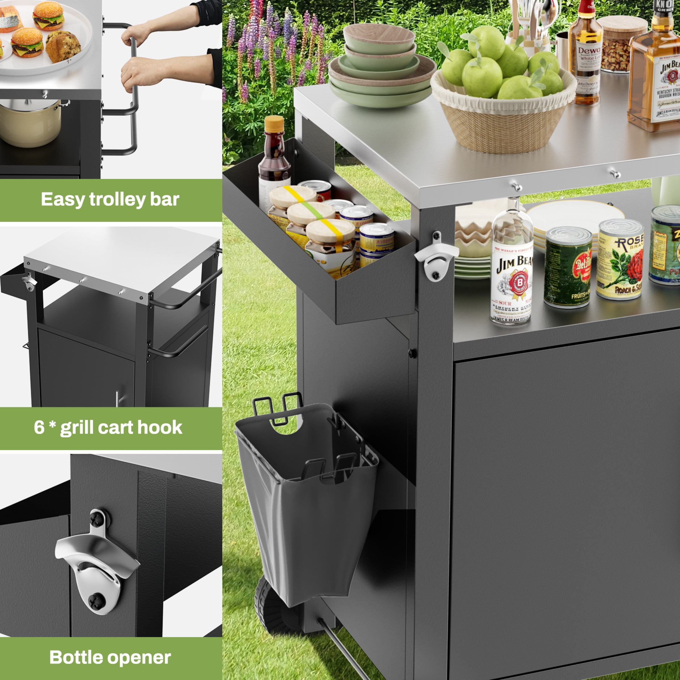 Noble House Outdoor BBQ Grill Table Cart, Stainless Steel Rolling Bar Cart with Cabinet, Hooks & Locking Wheels, Black