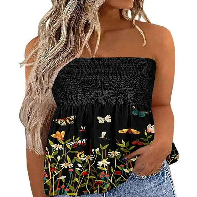 Women‘s Strapless Tank Tops Sleeveless Pleated Gradient Color Ladies Summer Boho Print Loose Fit Pullover