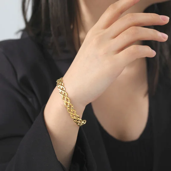 14K Yellow Gold Open Wave Bangles for Women Adjustable Golden Silver Color Cuff Bracelet Fashion Jewelry Gift for Lover