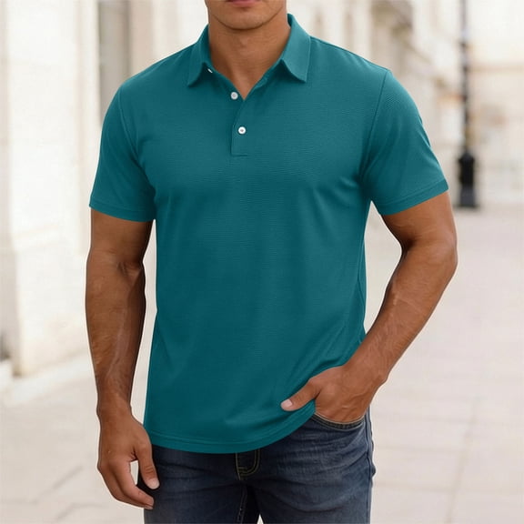 COSFO Casual Golf Polo Shirts for Men Short Sleeve Green Waffle Classic T-Shirt Performance Pullover Collared Loose Fit Tops