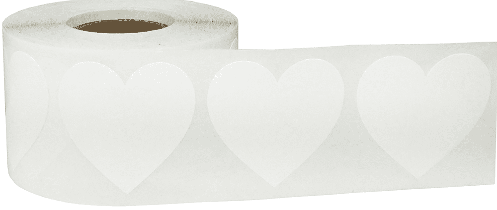 White Heart Stickers, 1.5 Inches in Size, 500 Labels on a Roll