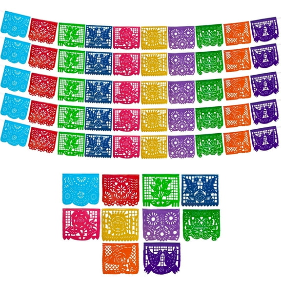 Mexican Party Banners (5 pack with 10 Plastic Flags per string) - Papel Picado Mexicano by Fiesta Wraps